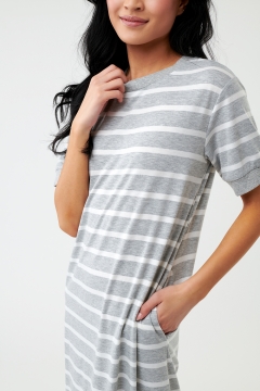 Womens gray and white rib neck and cuff tee midi modest dress